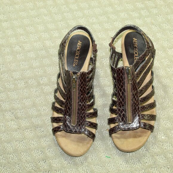 Aerosoles Women's 8 Brown Black Strappy Snakeskin Patent Print 2.5" Wedge Heels - Picture 2 of 7